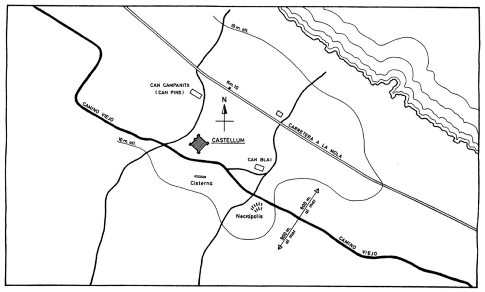 Can Blai (ou Can Pins), fortification de type quadriburgium, d'après Gordillo 1981