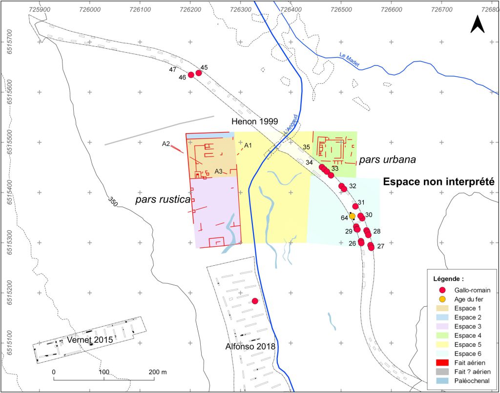 Figure 3 : Villa de Fontpetière à Billom (Puy-de-Dôme) : exemple de données croisées entre l’interprétation des photographies aériennes et l’intégration des données issues du fichier Caviar (Inrap ; CAO Fabrice Muller)